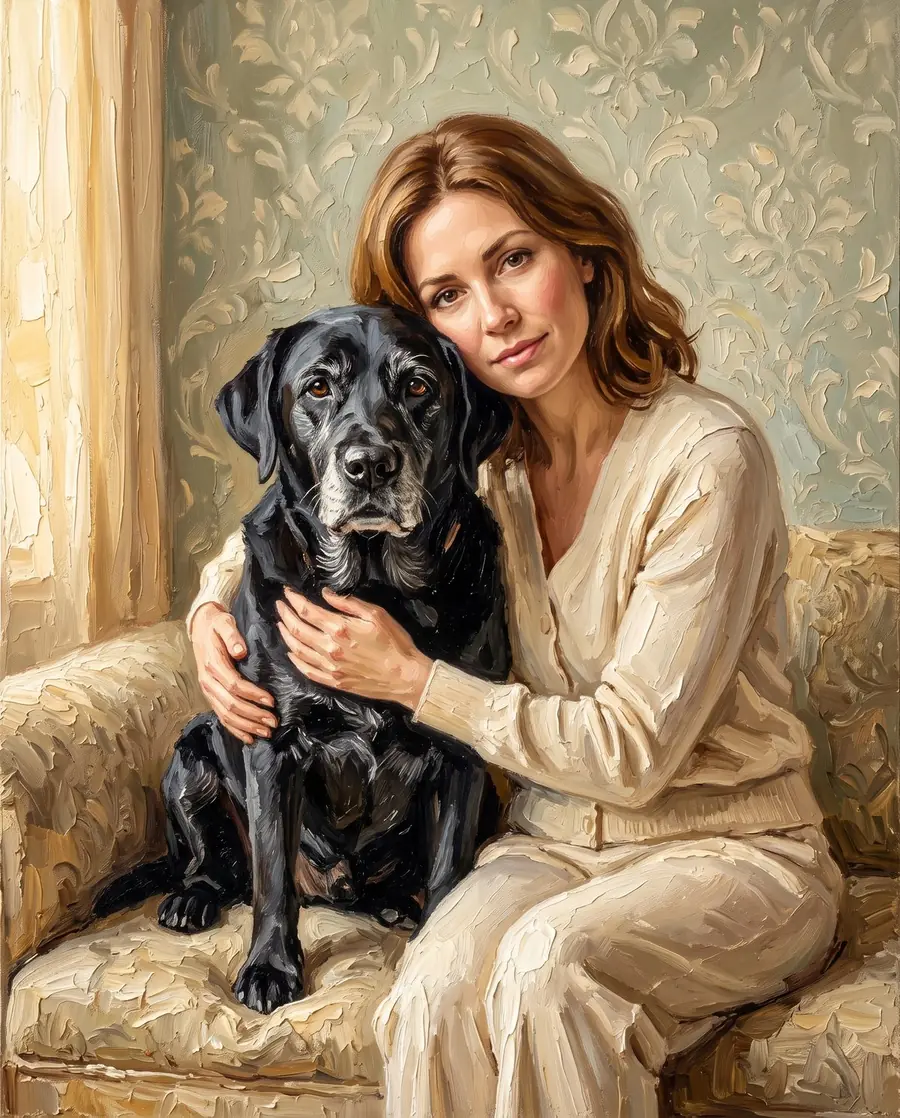 Example AI-generated people-and-pet portrait: The Embrace
