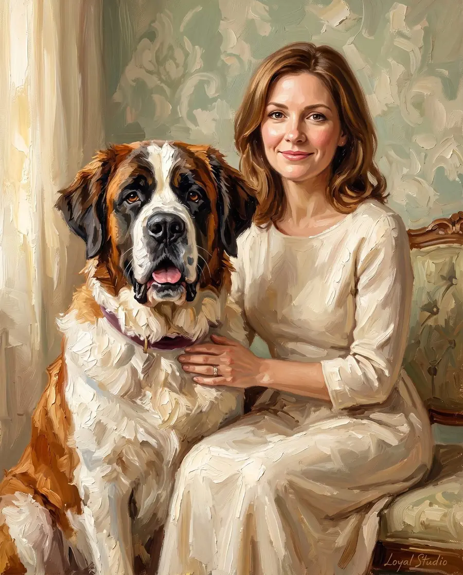Example AI-generated portrait of a woman sitting beside a Saint Bernard