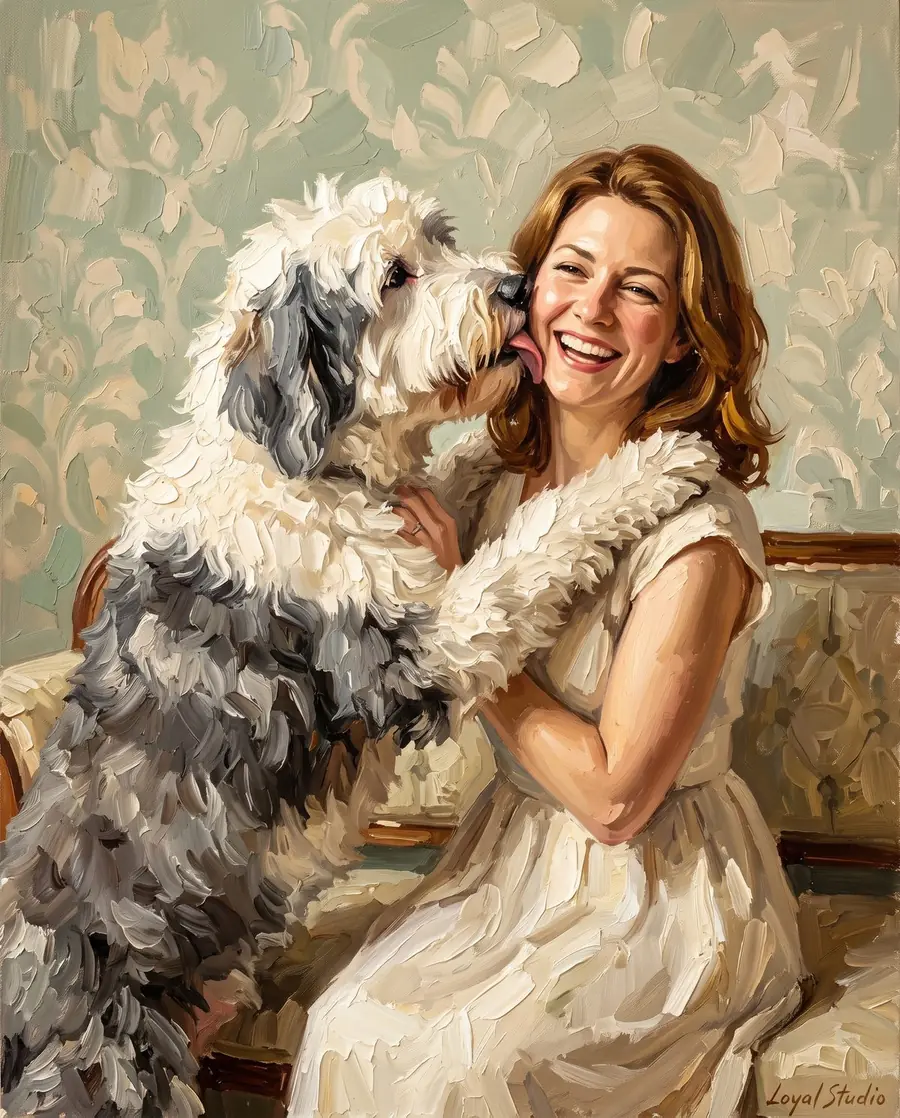 Example AI-generated people-and-pet portrait: The Outtake